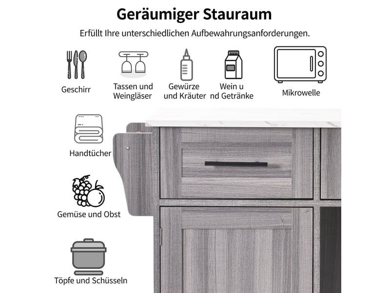  Îlot de cuisine mobile gris 139 × 4671 × 91,5 cm en mdf, plateau rabattable, rangements, roulettes et pieds en bois  - Conforama E