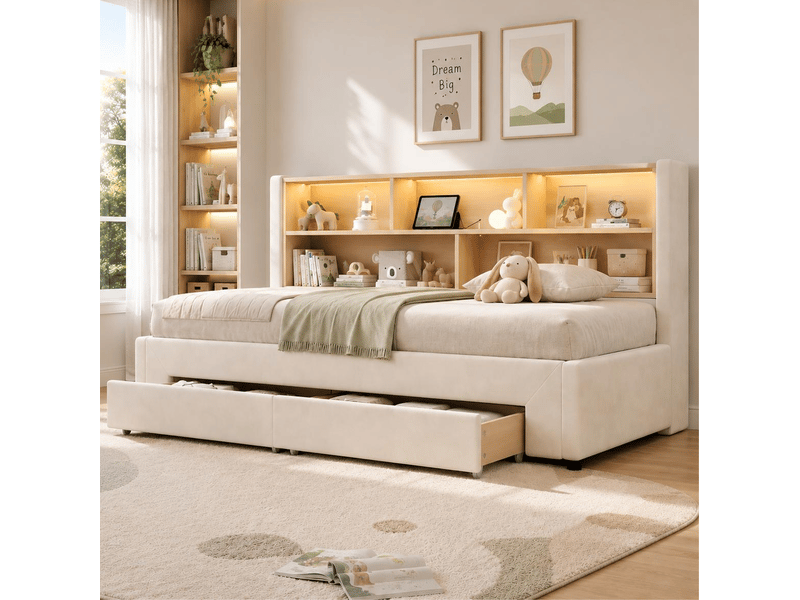  Lit banquette extensible 90x200 cm en velours beige avec rangement, led et usb  - Conforama E