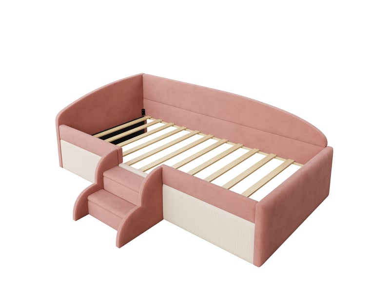  Lit capitonné multifonctionnel 90*190cm avec marches et barrières, velours, sans matelas, rose et blanc crème  - Conforama A
