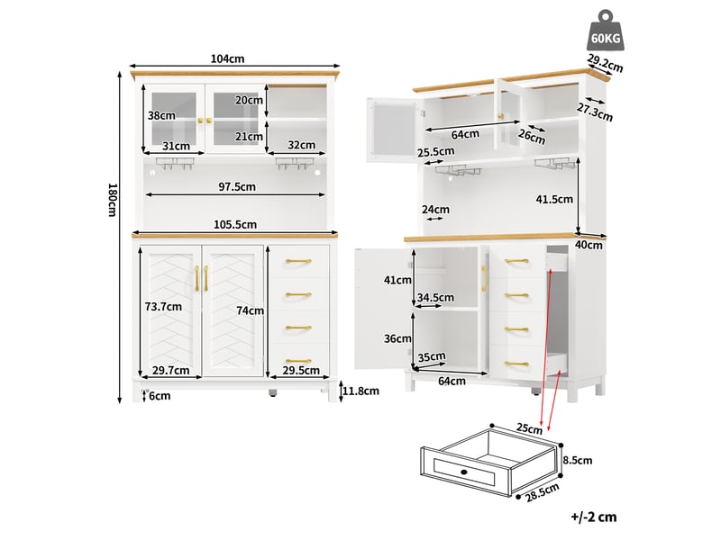  Meuble de cuisine muvano, buffet blanc en mdf avec led, 4 portes, 105,5 × 40 × 180 cm  - Conforama W