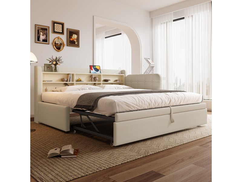  Lit gigogne 90180x200 cm, sommier inclus, led, usb-c, tissu lin beige, structure mdf, sans matelas  - Conforama W