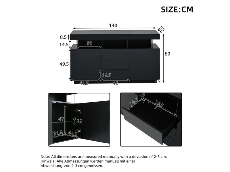  Buffet, 140 x 35 x 80 cm, bahut meuble de rangement avec lumineuse led, pour salle à manger, cuisine et couloir, noir  - Conforama C