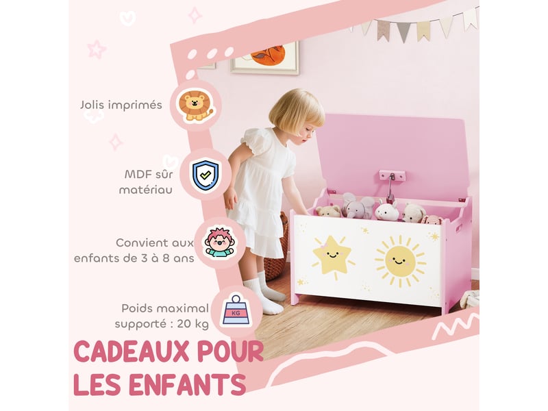  Coffre à jouets avec couvercle, coffre de rangement enfant avec charnières de sécurité, rose, 60 x 37 x 39 cm  - Conforama W