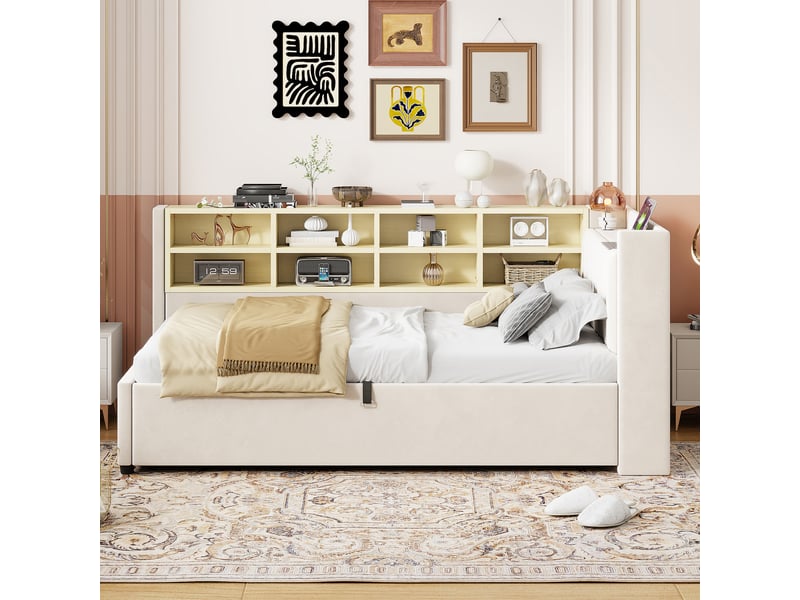  Lit banquette enfant 90 x 200 cm avec rangement hydraulique, veilleuse, usb et type-c, velours beige Fay Lum - Conforama E