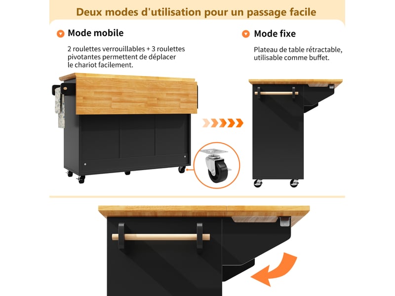 Îlot de cuisine 140x45(73)x93 cm, 5 tiroirs, 2 portes, roulettes, plateau pliable, pour cuisine, en mdf, bois et noir - Conforama E