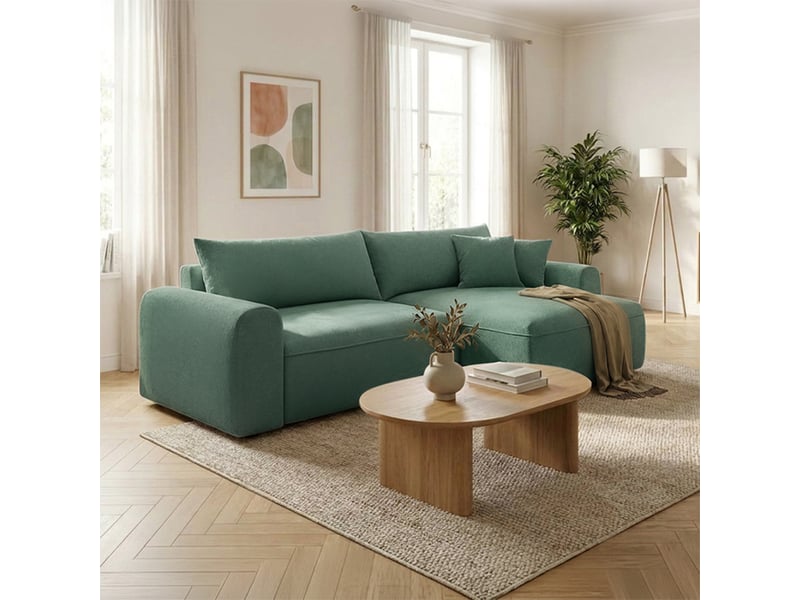  Canapé d'angle convertible vert 4 places tissu bouclé + coffre belair  - Conforama C