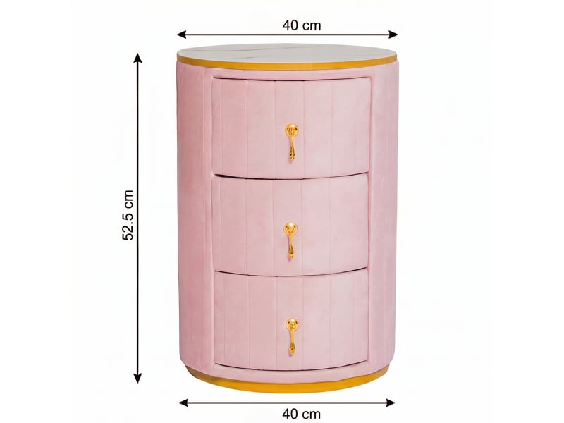  Table de chevet tcqpz ronde 3 tiroirs 40 x 40 x 52,5 cm velours rose plateau effet marbre  - Conforama C