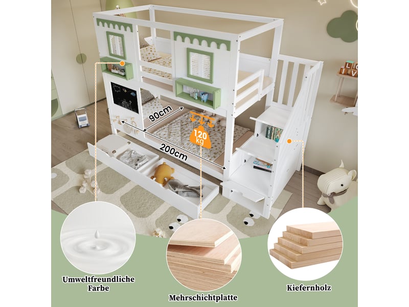 Lit superposé enfant 2 places 90×200 cm, escalier rangement et 2 tiroirs - sans matelas, bois blanc et vert - Conforama E