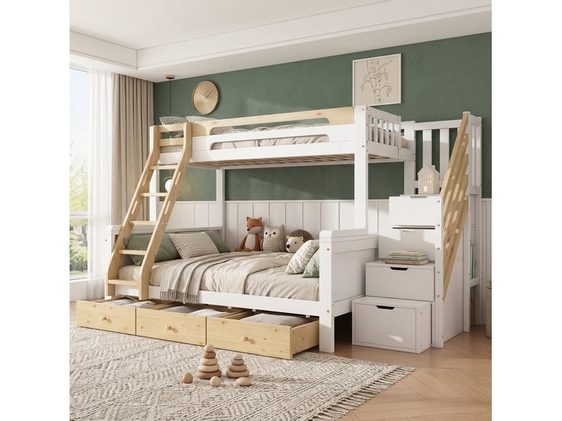  Lit superposé 90 × 200 cm et 140 × 200 cm 3 places avec escalier de rangement et 3 tiroirs, sans matelas  - Conforama C