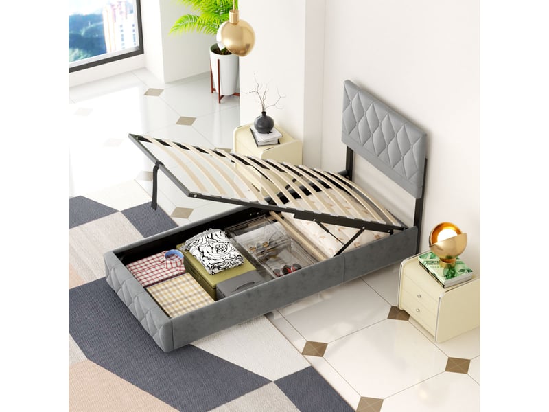 Lit coffre 90x190 cm avec rangement hydraulique en velours gris chicfurn - Conforama B