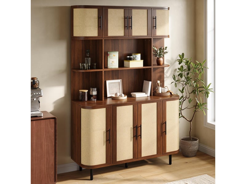  Buffet de cuisine - 120x40x180cm - vaisselier haut avec 8 portes effet tressé rotin, 6 niches, bords arrondis, pieds métal - noyer  - Conforama B