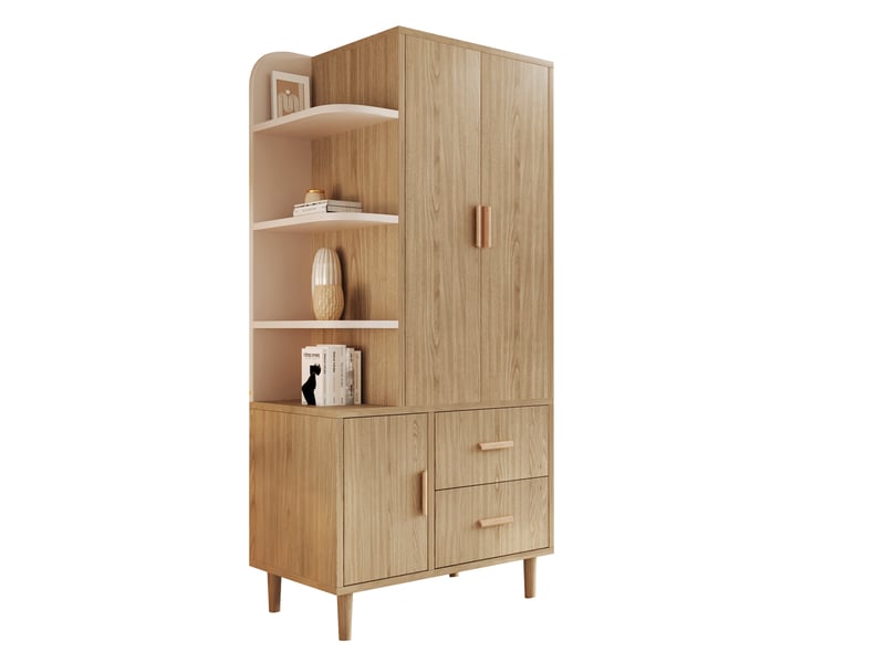 Armoire penderie 80x48x176 cm avec led à capteur, 2 tiroirs, étagères ouvertes et tringle en métal, garde-robe à fermeture douce, blanc et effet chêne Seren Glow - Conforama A