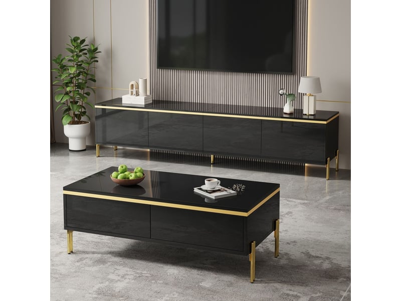  Meuble tv rangement généreux meuble de salon ensemble table basse assortie surface ultra brillante  - Conforama B