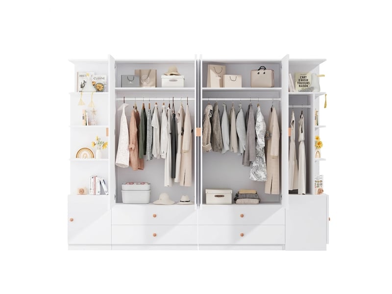 Armoire 6 portes blanche 270x45x200 cm avec 4 tiroirs et 4 penderies modulable - Conforama A