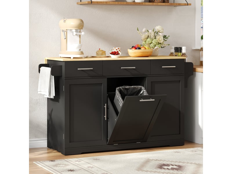  Îlot de cuisine sur roulettes 136 cm avec plan de travail rabattable, chariot mobile noir et naturel  - Conforama W