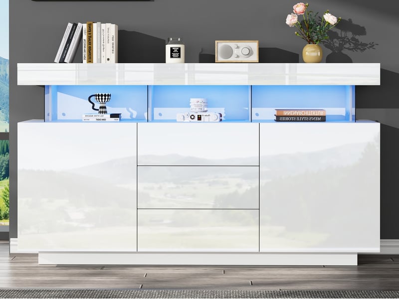  Buffet, 140 x 35 x 80 cm, meuble de rangement avec lumineuse led, pour la salle à manger, la cuisine ou le couloir, blanc  - Conforama B