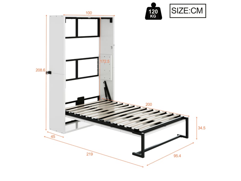  Lit escamotable mural 90x200 cm, lit enfant rabattable, métal et bois blanc, sans matelas  - Conforama C