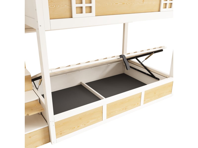  Lit superposé 90 × 200 cm, coffre à vérins relevable, escalier de rangement et étagère, décor cabane, blanc et naturel  - Conforama E
