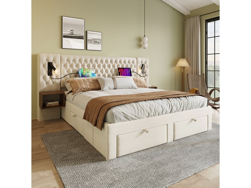 Lit double 160×200 cm avec 4 tiroirs, 2 lampes de lecture, usb et type-c - okmyhome- velours beige, matelas inclus - Conforama C