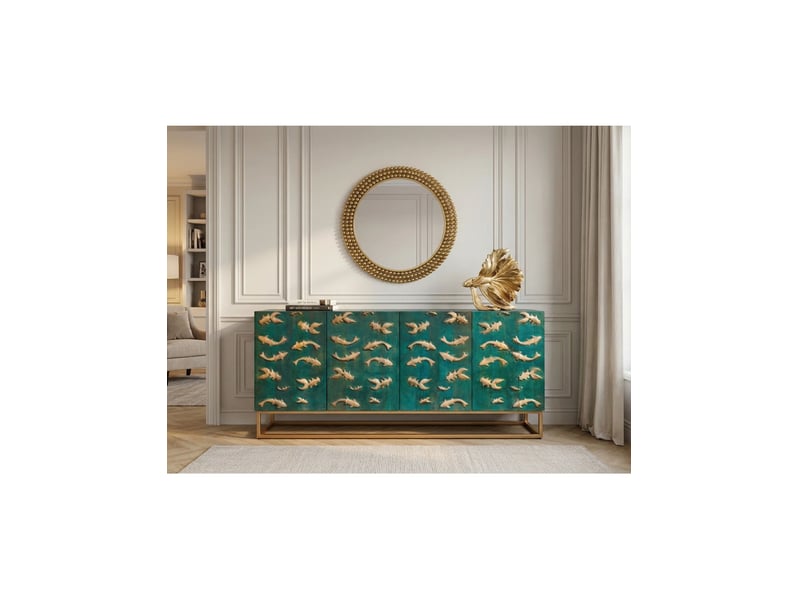  Buffet mizu 177 cm en bois massif de manguier turquoise – 4 portes – pieds et détails dorés  - Conforama B