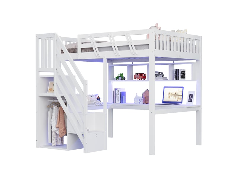  Lit mezzanine enfant 140 x 200 cm blanc avec bureau, rangements, usb et éclairage led  - Conforama A