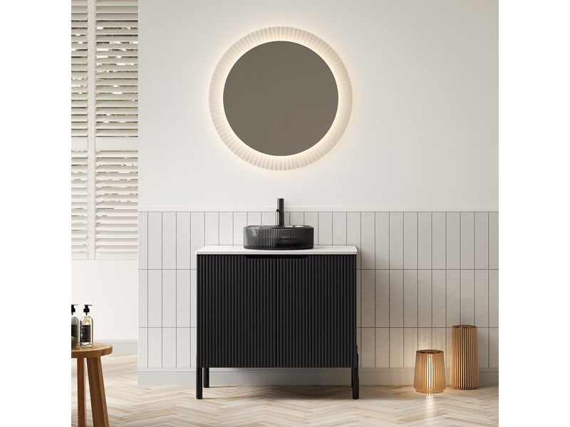  Meuble vasque sur pieds avec double porte et fermeture douce - lpospi - verre et pierre frittée noir blanc  - Conforama C