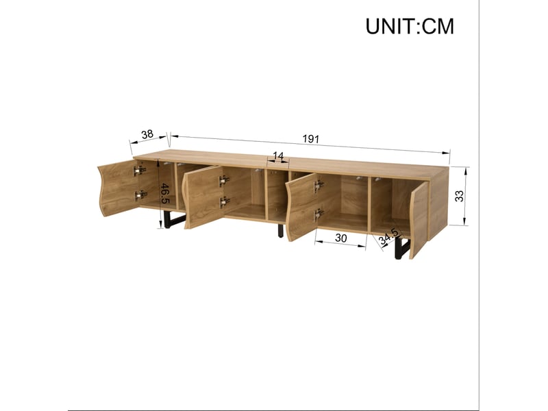  Meuble tv modenvie 191 x 38 x 46,5 cm 5 portes rangement mdf panneaux de particules naturel  - Conforama C