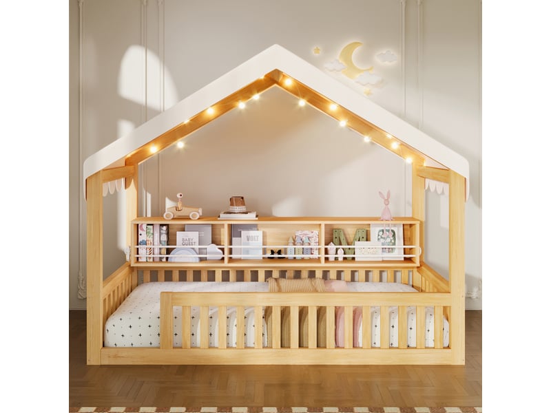  Lit au sol enfant 90x200 cm, lit à baldaquin avec guirlande led, bibliothèque et barrière de sécurité, structure en bois, naturel ABC - Conforama E