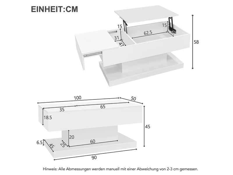 Table basse 100x50x45 cm relevable avec led, blanc - Conforama C