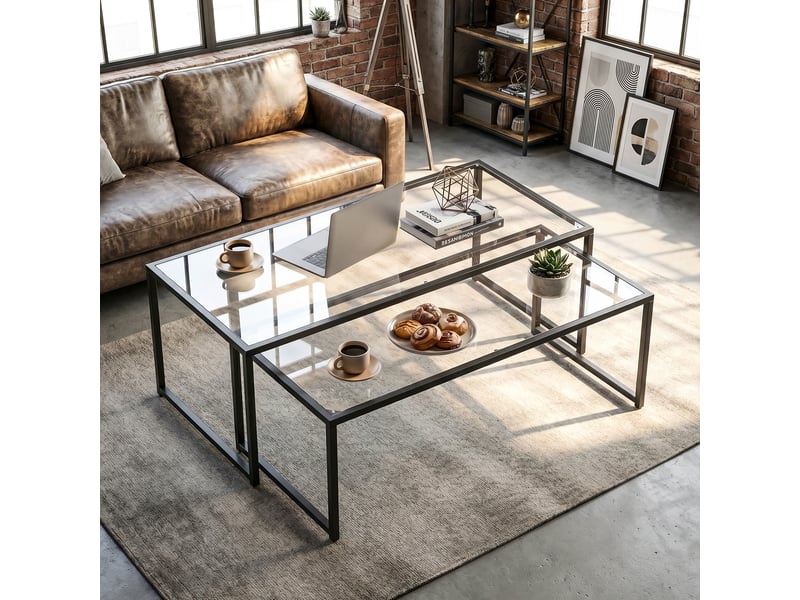 Lot de 2 tables basses gigognes tables de salon rectangulaires design en acier noir et plateaux en trempé verre  - Conforama A