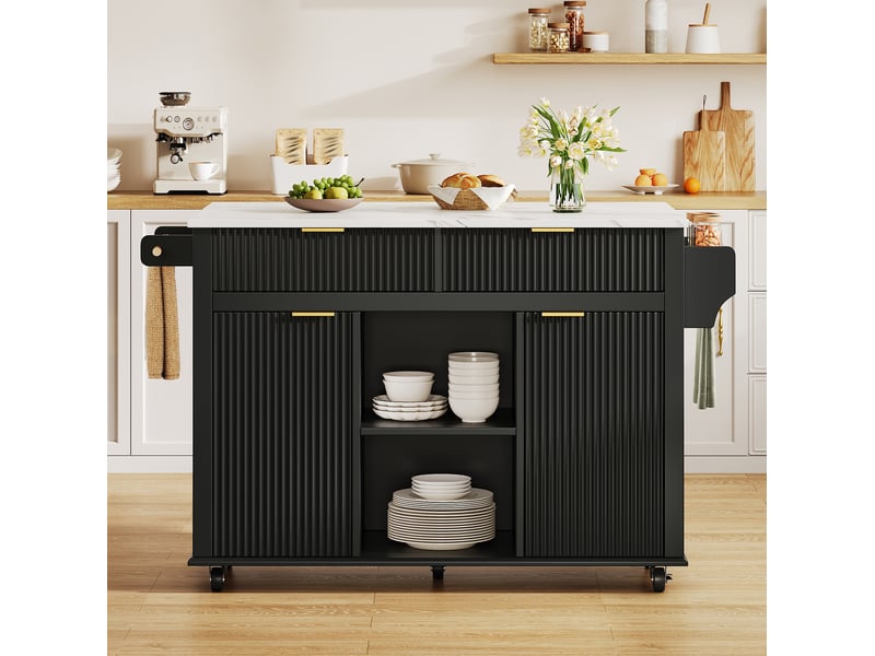  Desserte de cuisine à roulettes 143 x 4569 cm, 2 tiroirs et plateau pliant noir  - Conforama D