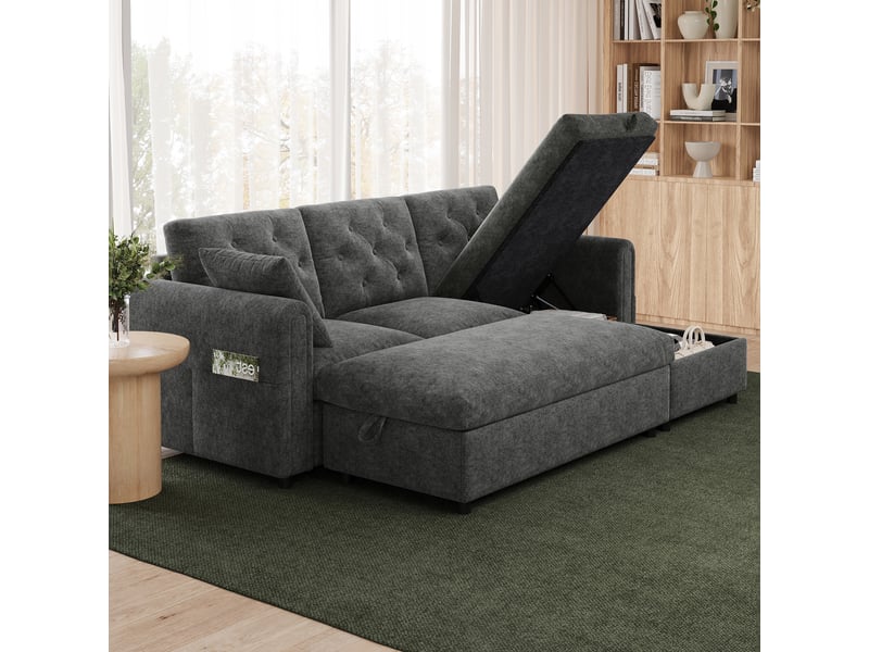 Canapé d'angle réversible gris 3 places avec coffre de rangement, pouf et poches latérales 219cm - Conforama W