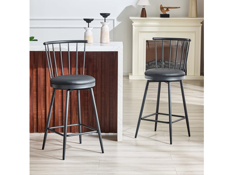  Tabouret de bar en style windsor avec assise rembourrée et repose-pieds, design industriel, en pu, noir  - Conforama C