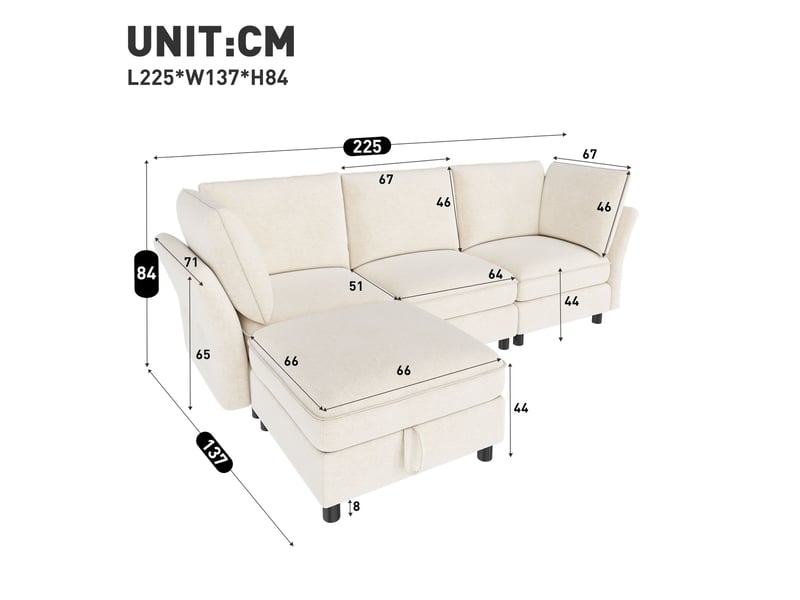  Canapé d’angle modulable 4 places 225 cm avec pouf de rangement, effet cloud, tissu chenille, assise moelleuse, beige  - Conforama C