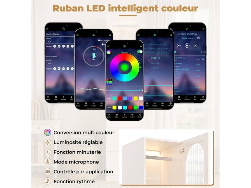  Coiffeuse avec miroir led dimmable et rangement bijoux rotatif, table de maquillage blanche 115x40x142 cm  - Conforama E