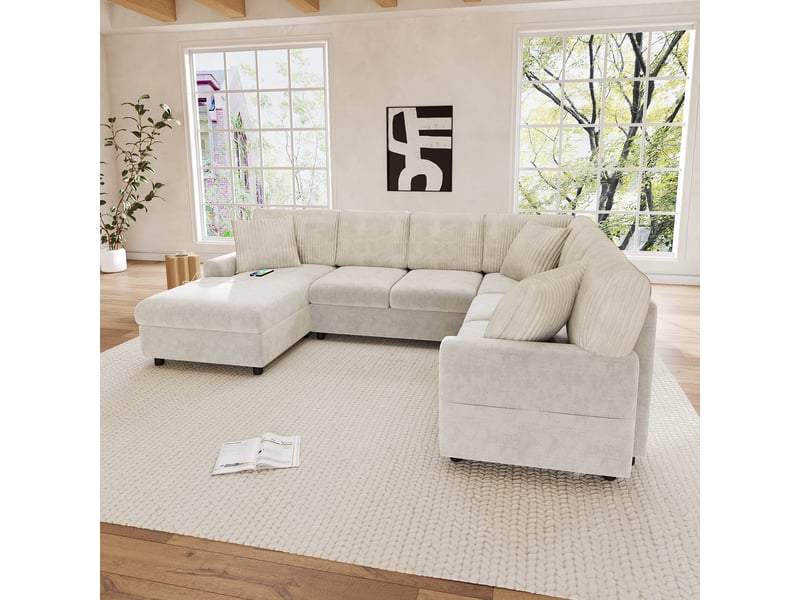  Canapé panoramique 6 places 249x196x83 cm en u avec chaise longue, accoudoirs à poches, usb type-c et 3 coussins, chenille et velours côtelé, beige Sol Morn - Conforama D