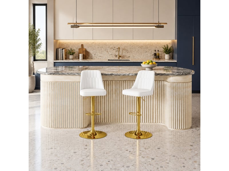  Lot de 2 tabourets de bar hauteur réglable pivotants 360°, chaise haute cuisine, pied métal, polyuréthane, blanc et or  - Conforama B