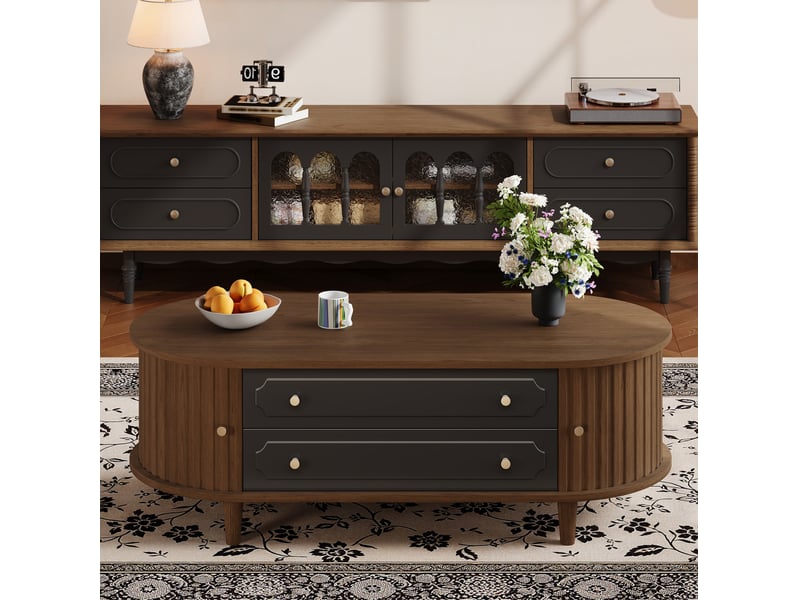  Table basse 100 x 50 x 36 cm, 2 tiroirs, 2 portes à volet, 6 poignées métal, panneau de particules, noir et noyer  - Conforama R