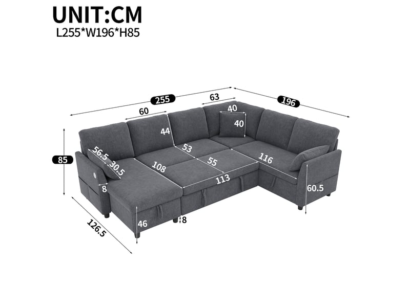  Canapé d'angle convertible 6 places avec rangements, ports usb et usb-c, poches latérales, en tissu effet lin gris  - Conforama D