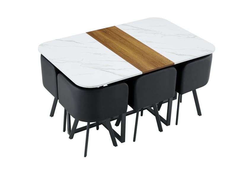  Ensemble table et 6 chaises, table à manger 6 places en mélamine blanc et bois, assises pu et structure métallique noire  - Conforama W