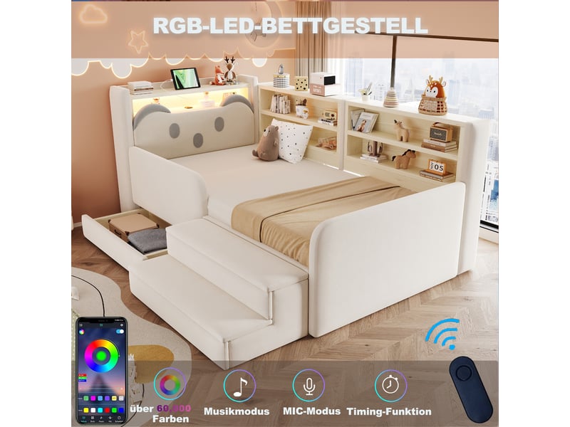 Lit enfant 90x200 cm rembourré en velours avec tête de lit rangement, tiroir, banc amovible, led et usb - beige - Conforama D