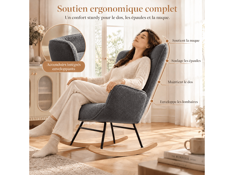  Fauteuil à bascule, rocking chair, tissu teddy peluche, chaise à bascule scandinave, fauteuil allaitement, pour chambre d' enfant salon balcon, gris foncé  - Conforama D