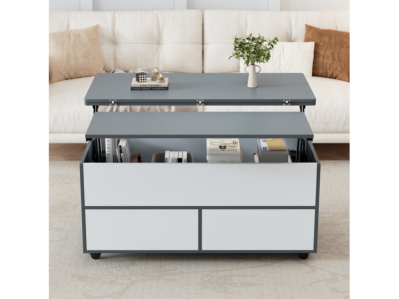  Table basse relevable 100x98x65 cm avec rangement et roulettes en panneau de particules gris  - Conforama D