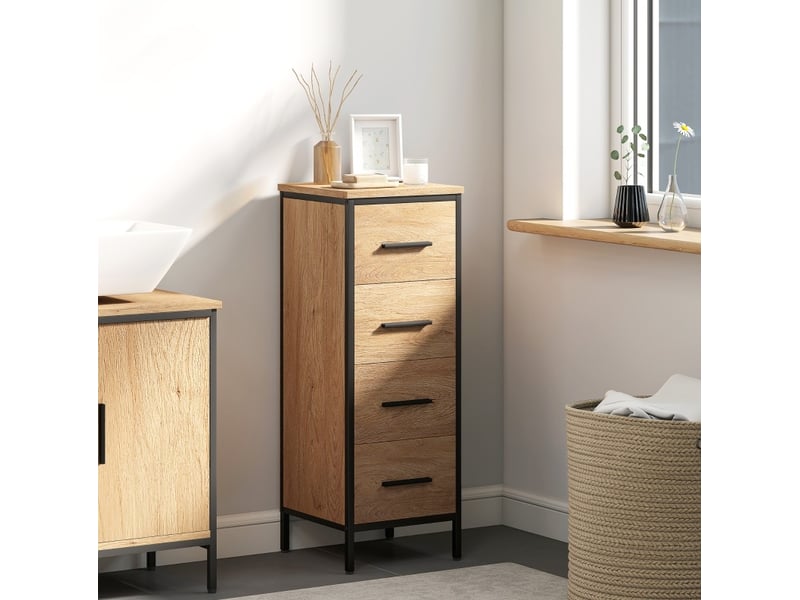  Meuble de rangement de salle de bain 30x30x82 cm – chêne – 4 tiroirs et cadre en acier industriel  - Conforama D