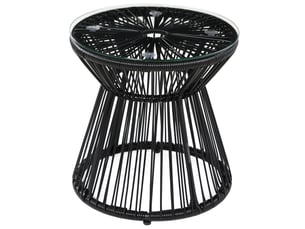 Table d'appoint de jardin ronde 40x40x42 cm noire en résine tressée, plateau en verre trempé de 5 mm
