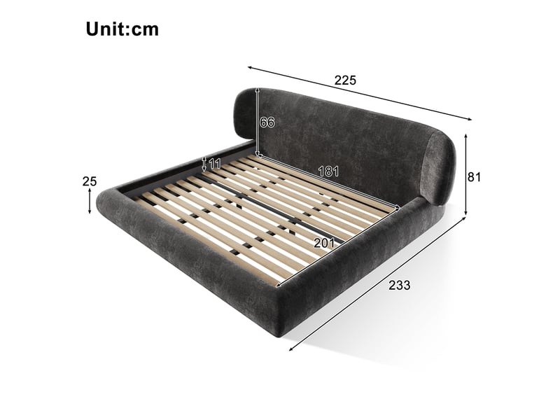  Lit double 180x200 cm en chenille gris avec sommier à lattes et tête de lit  - Conforama C