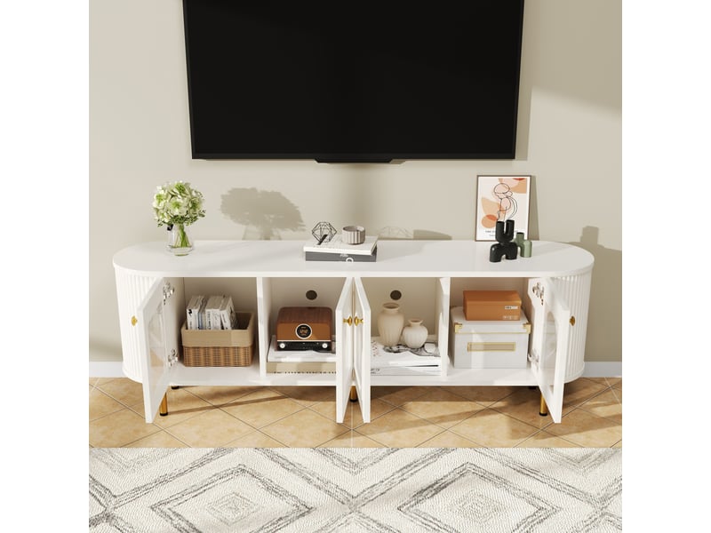 Meuble tv 170 x 35 x 55 cm, 4 portes vitrées, passe-câbles, côtés arrondis, poignées et pieds dorés, blanc, en mdf, rangement pour salon CARDUME ESTIVAL - Conforama D