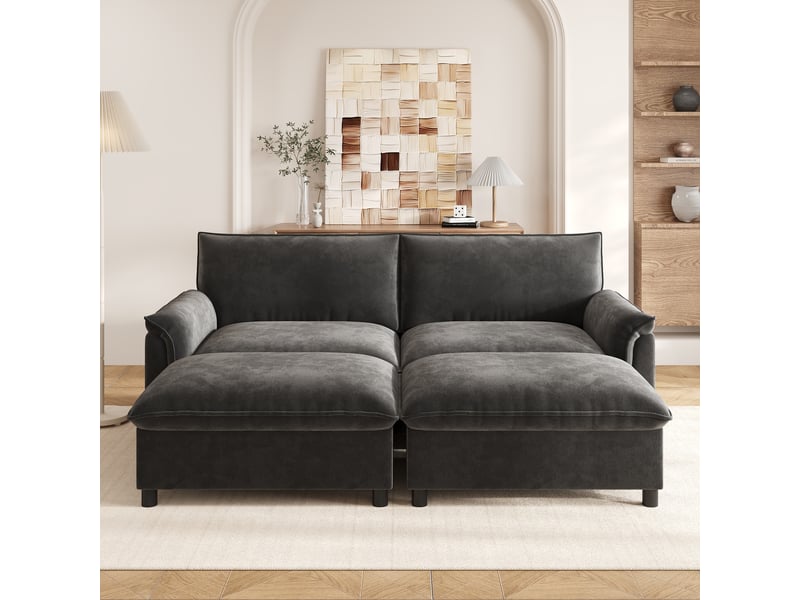  Canapé modulable gris 4 places avec 2 poufs de rangement - tissu chenille  - Conforama E