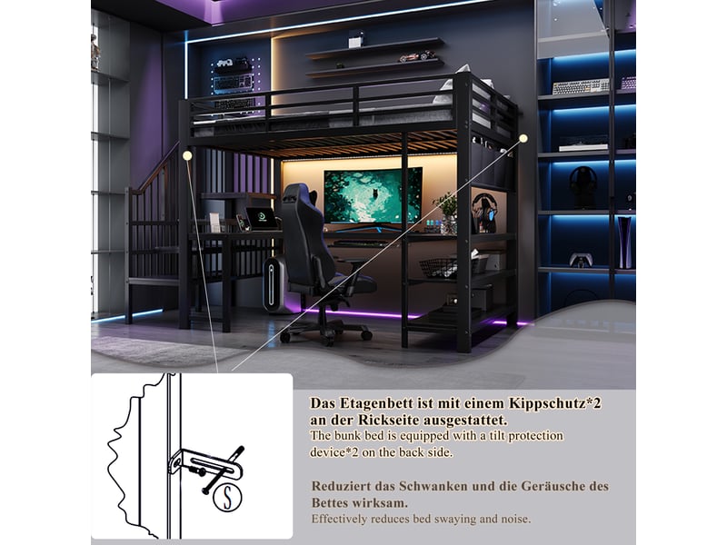  Lit mezzanine gaming 120x200 cm en métal avec bureau en u, led, prise eu, étagères et escalier avec rangements - noir  - Conforama E