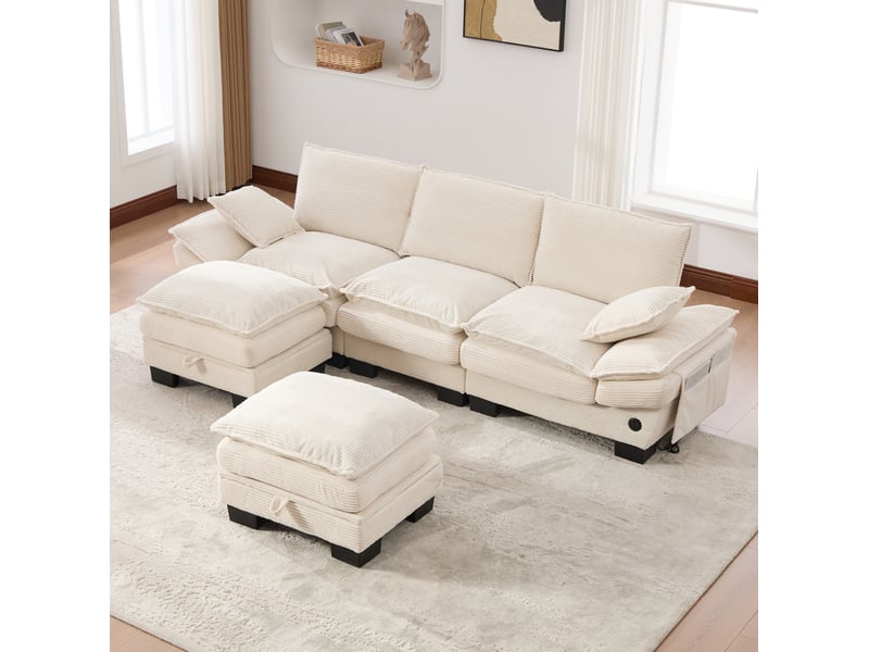 Canapé modulable 3 places en velours côtelé beige avec 2 poufs et usb-c - Conforama E